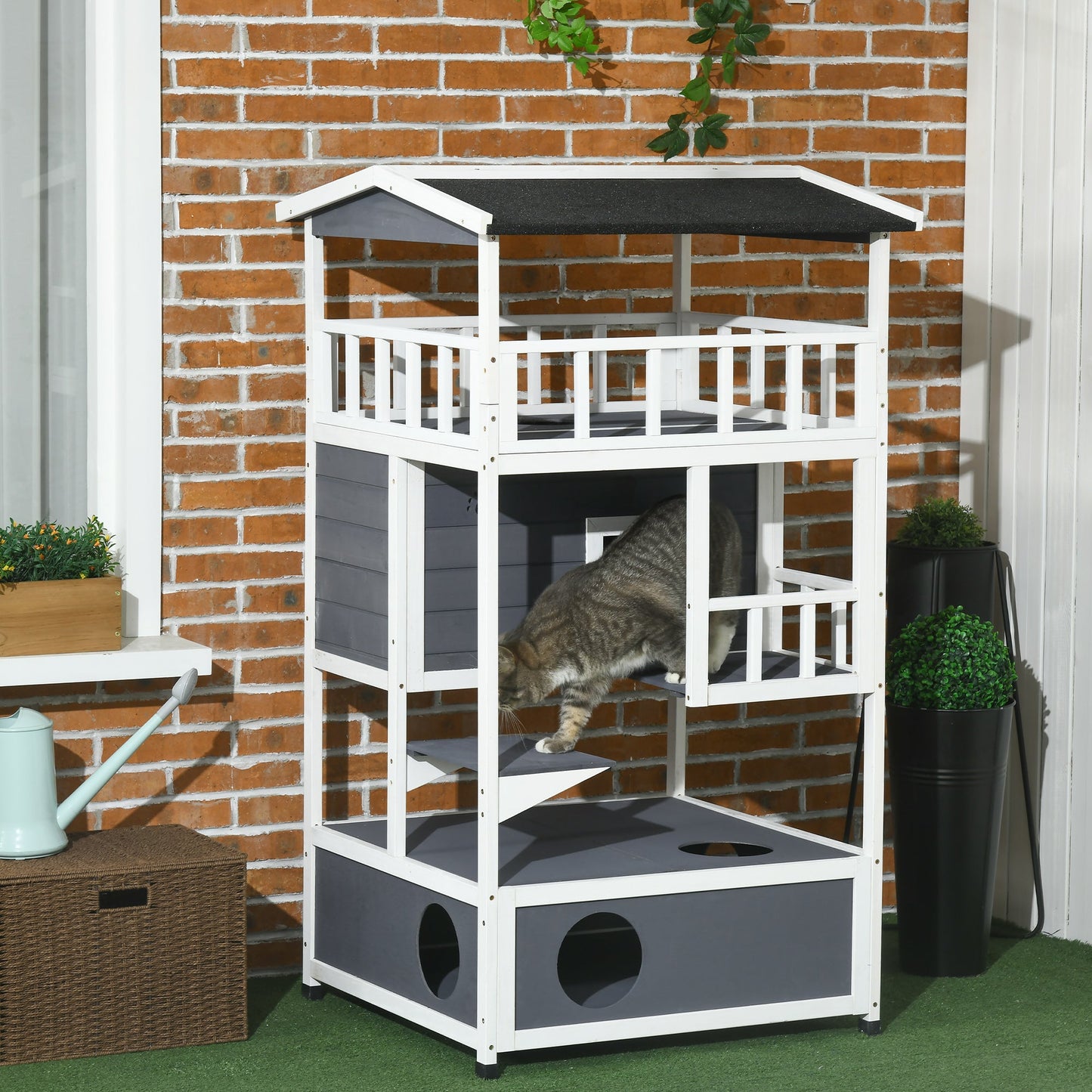 PawHut Wooden Outdoor Cat House 3-Tier for Winter Kitten Shelter Lodge w/ Tilted Roof Terrace Jump Step Bottom Tray Elevated Base Waterproof Paint Grey