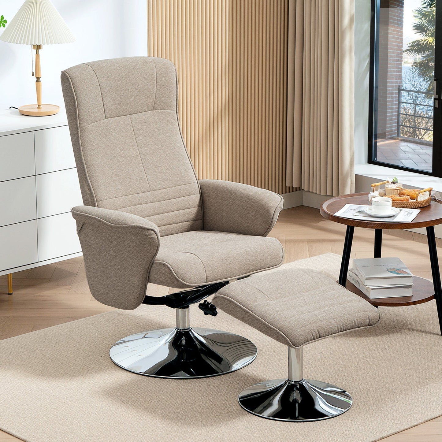 HOMCOM Swivel Recliner Chair with Footstool, Velvet Recliner Armchair with Ottoman, Steel Base, Upholstered Reclining Chair for Living Room, Bedroom, Office, Beige