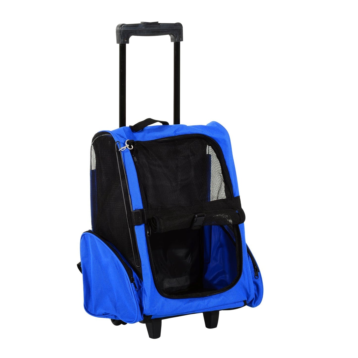 PawHut Pet Carrier Travel Backpack Bag Cat Carrier Puppy Dog Bag w/ Trolley, Telescopic Handle Portable Stroller Wheel, 42 x 25 x 55 cm, Blue