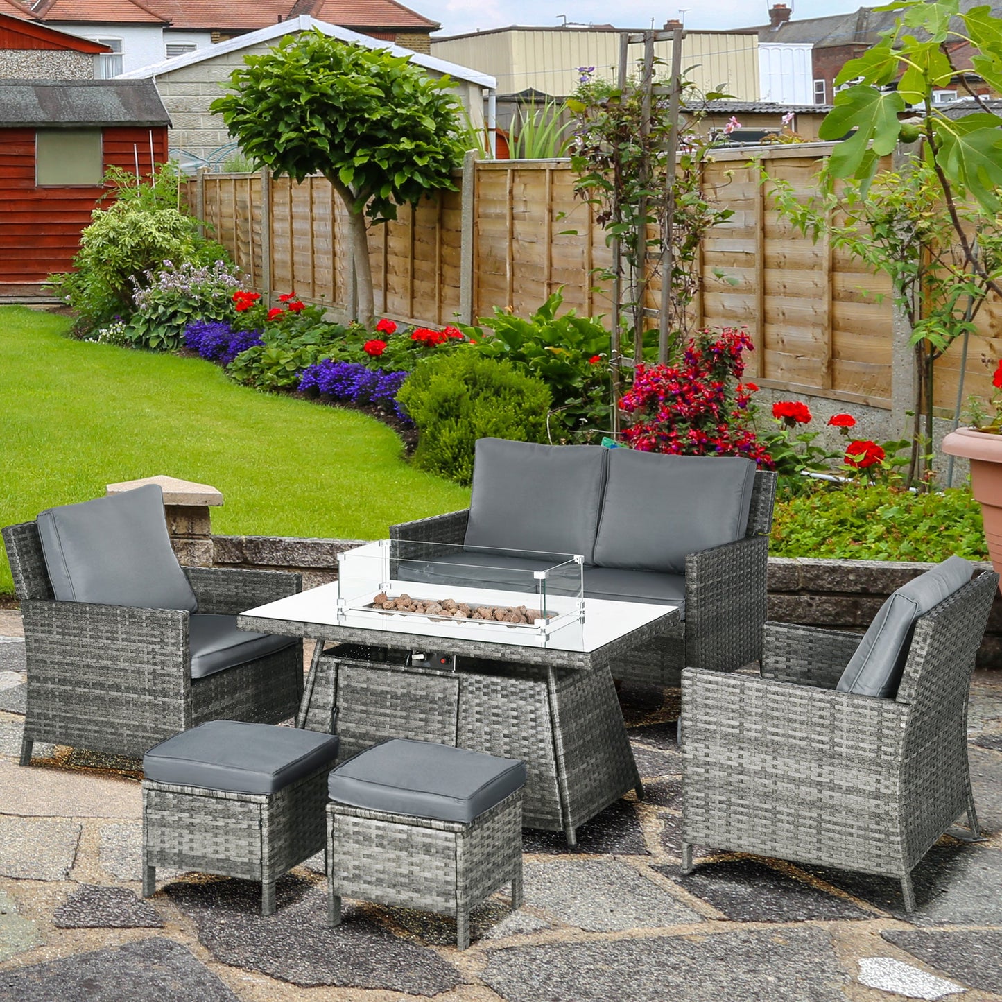 Zestaw mebli ogrodowych Outsunny 6 Seater Rattan, stół z paleniskiem gazowym, wiklinowa kanapa dwuosobowa, 2 fotele i 2 podnóżki, 6-częściowy zestaw mebli ogrodowych z rattanu z poduszkami do ogrodu zimowego, szary