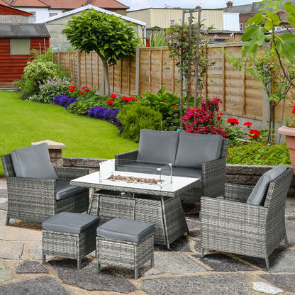Zestaw mebli ogrodowych Outsunny 6 Seater Rattan, stół z paleniskiem gazowym, wiklinowa kanapa dwuosobowa, 2 fotele i 2 podnóżki, 6-częściowy zestaw mebli ogrodowych z rattanu z poduszkami do ogrodu zimowego, szary