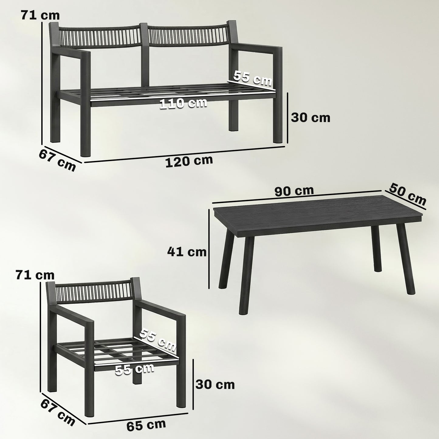 Outsunny 4 Seater Rattan Garden Furniture Set with 2 Armchairs, Loveseat, Coffee Table, Garden Sofa Set with Cushions, Dark Grey