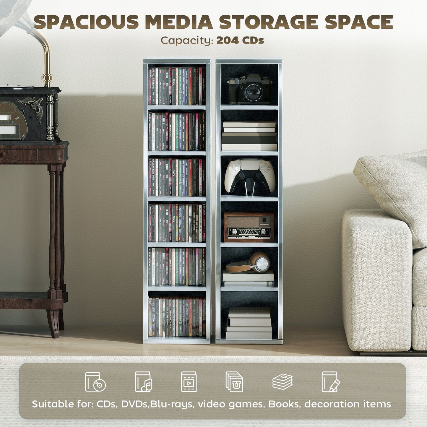 HOMCOM Set of 2 CD Media Display Shelf Unit Tower Rack with Adjustable Shelves, High Gloss Grey