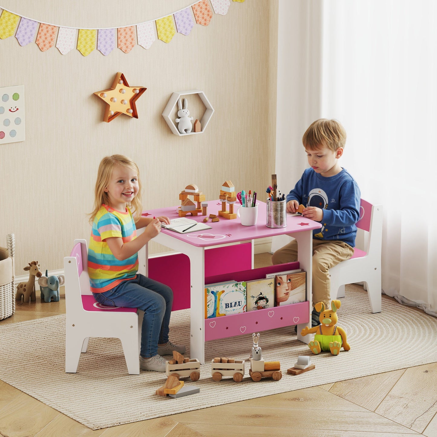 AIYAPLAY 3 Pieces Kids Table and Chair Set, Toddler Activity Table with Bookshelves, for Living Room, Nursery, Playroom, Pink