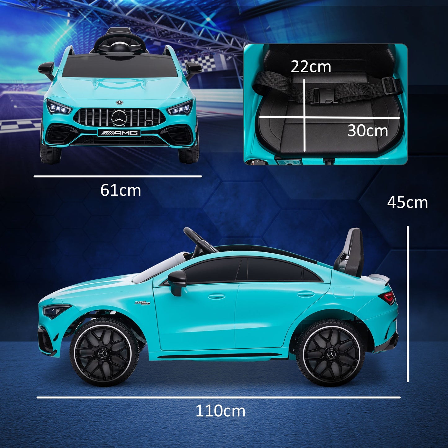 AIYAPLAY Mercedes-Benz AMG CLA 45 Licencjonowany 12V Elektryczny Samochód Dla Dzieci Jeździk z Pilotem, Światła Zawieszenia, Klakson Muzyczny - Jasnoniebieski