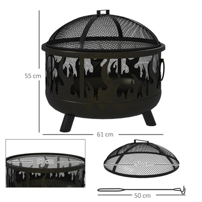 Metal Firepit Bowl Outdoor 2-In-1 Round With Lid, Grill For Garden, Camping, BBQ, Bonfire, Wood Burning Stove, 61.5 x 61.5 x 52cm, Black