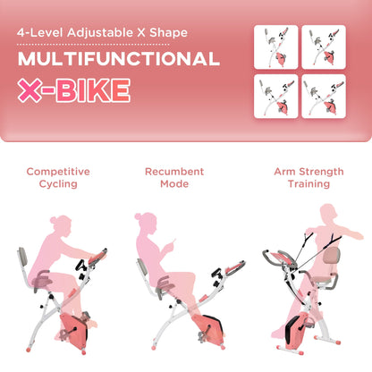 2-in-1 Upright  Exercise Bike Stationary Foldable Magnetic Recumbent Cycling with Arm Resistance Bands Pink