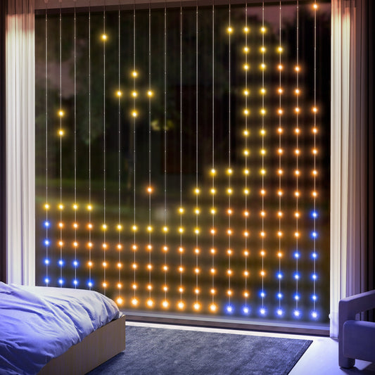 Lampki LED HOMCOM do zasłon, inteligentne lampki choinkowe do zasłon, zmieniające kolor kinkiety z pilotem i aplikacją, dynamiczne, wiszące lampki okienne DIY do sypialni i salonu, 3 x 3 m, dioda LED 400 RGBIC