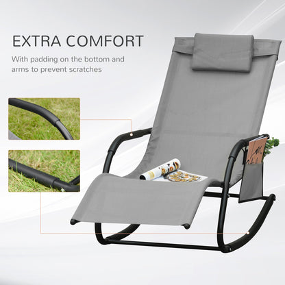 2 Piece Outdoor Garden Rocking Chair Patio Sun Lounger Rocker, Breathable Mesh, Removable Headrest Pillow, Armrest, Side Storage - Grey