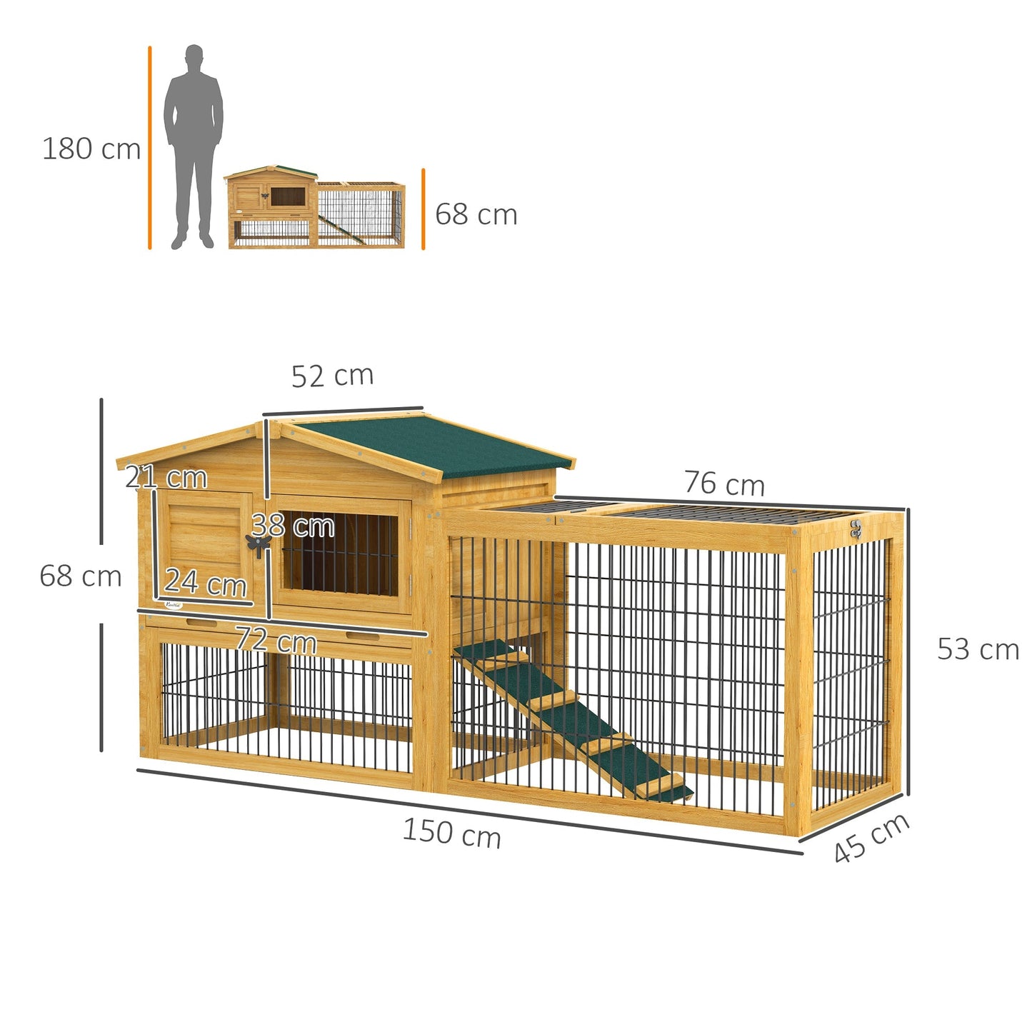 PawHut Wooden Rabbit Hutch with Outdoor Run Yellow