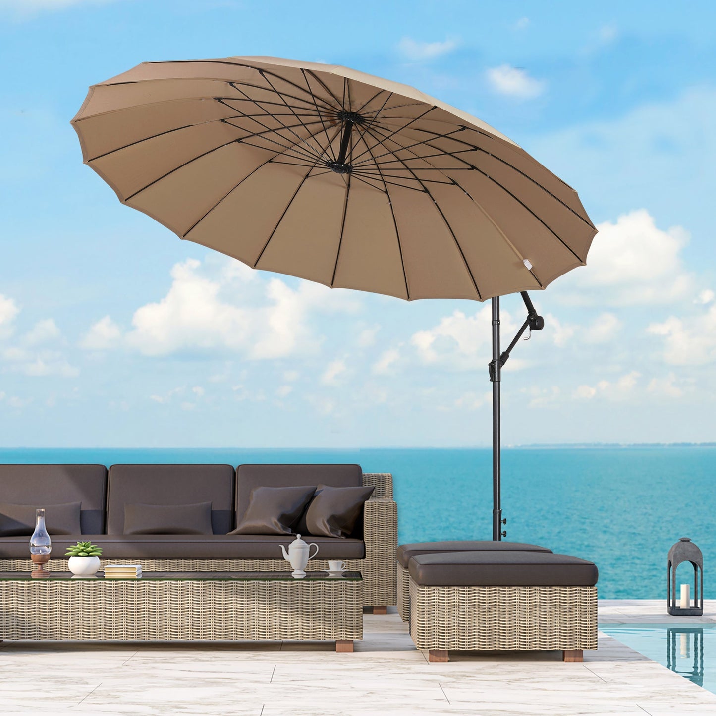 مظلة شمسية من Outsunny 3(m) Cantilever Shanghai Parasol Garden معلقة على شكل موز مع مقبض كرنك، 18 ضلع قوي وقاعدة متقاطعة، بيج