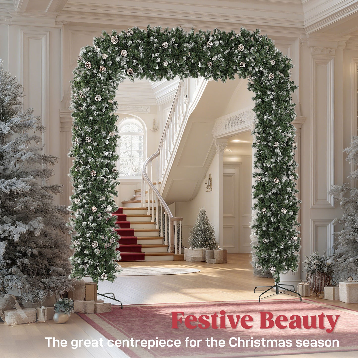 HOMCOM 8.2 ft Snow Frosted Christmas Tree Arch, Christmas Arch Doorway Decor with 2100 Tips and 96 Pinecones, Artificial Xmas Tree with Metal Stand for Indoor, Green