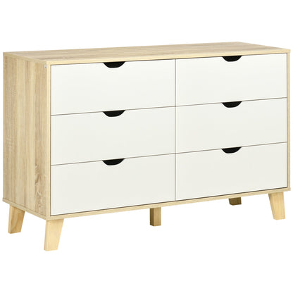 HOMCOM Bedroom Chest of Drawers, Wide 6-Drawer Dresser, Storage Drawer Unit with Wood Legs for Living Room, White and Light Brown