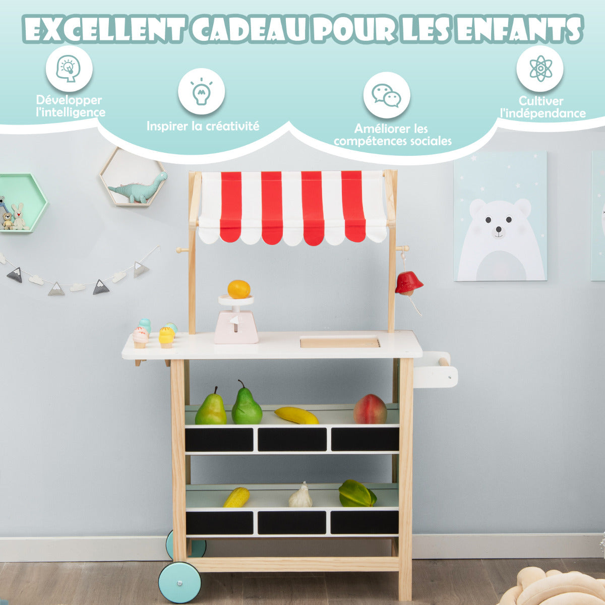 Wooden Pretend Play Kids Grocery Store with Chalkboard-Red