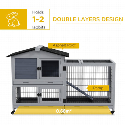 PawHut Portable Rabbit Cage, Rabbit Hutch with Run, Wheels, 3 Slide-out Trays, Ramp, Openable Top for Outdoor Indoor - Grey