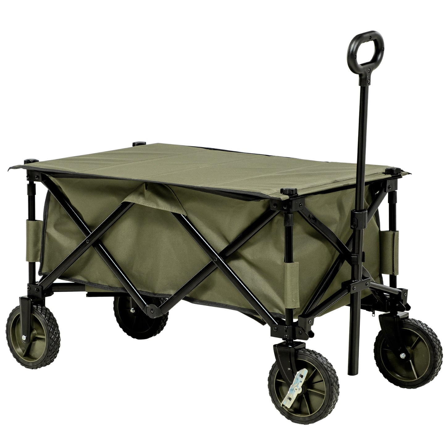 Outsunny Folding Garden Trolley, Cargo Trailer on Wheels, Collapsible Camping Trolley with Folding Board, Outdoor Utility Wagon with Steel Frame and Oxford Fabric, Green