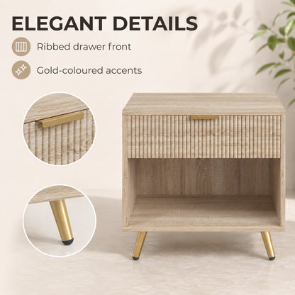 HOMCOM Bedside Table with Drawer and Open Compartment, Nightstand with Handle for Bedroom, Living Room, Natural Wood Finish