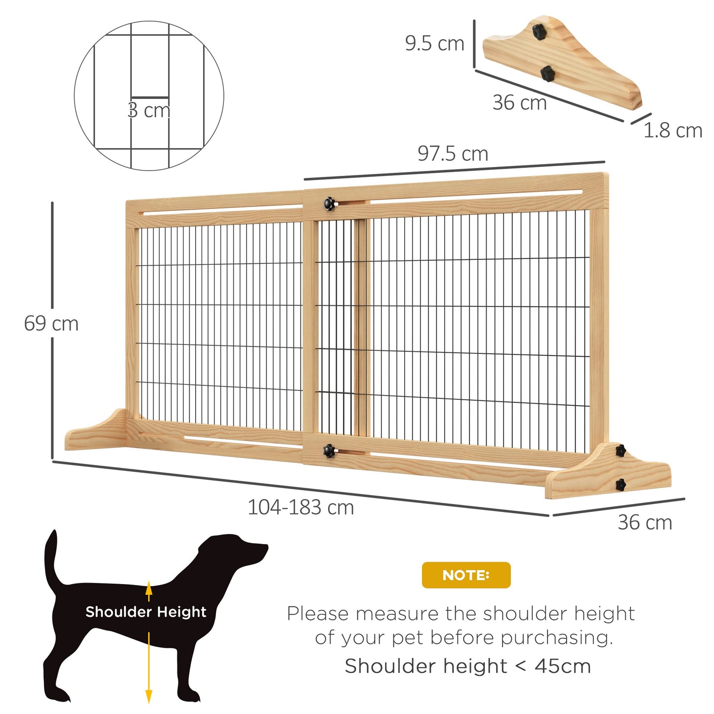 PawHut Freestanding Dog Gate, Foldable Pet Fence, Indoor Wood Barrier, Stair Gate with Support Feet, for Doorway, Hallway, Small and Medium Dogs, 69H x 104-183 cm, Natural Wood Effect