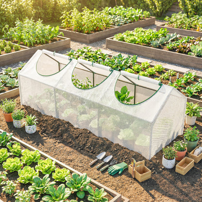 Outsunny Mini Greenhouse Portable Flower Planter Vegetable Grow House for Garden with Zipped Windows, 180 x 60 x 60 cm, White