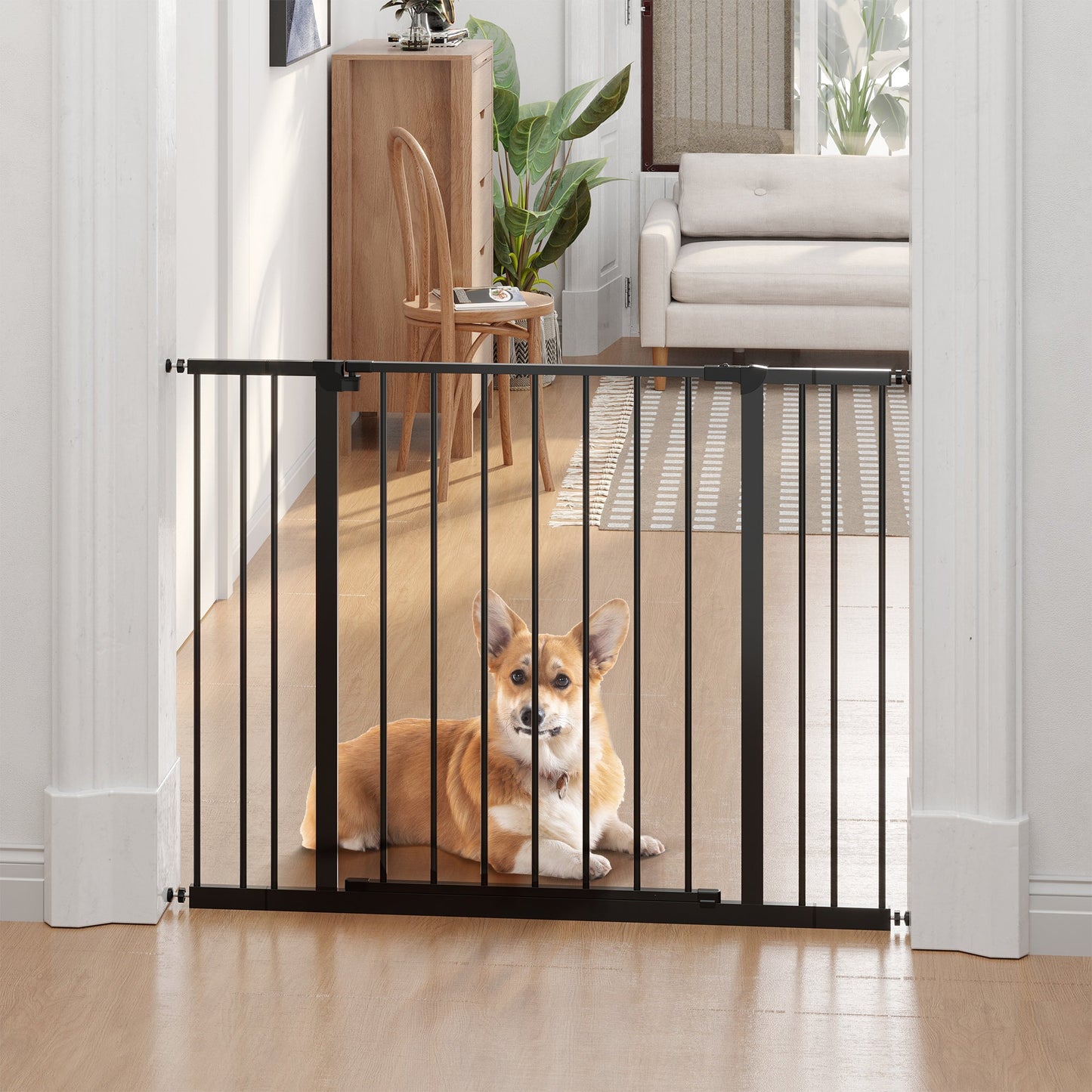 PawHut Dog Gate Pet Safety Gate Stair Barrier Pressure Fit Adjustable 76-82/86-97/101-107 cm, Black