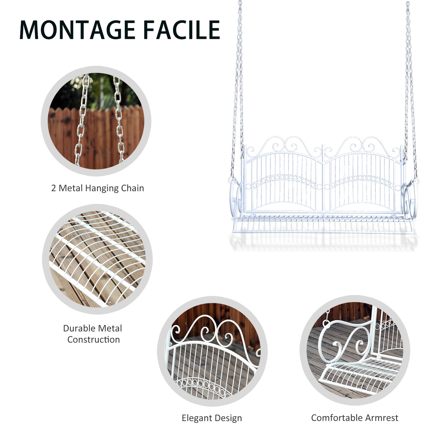 Outsunny Garden Bench Outdoor Metal 2-osobowy fotel wiszący hamak meble ogrodowe balkon biały - 118Lx 58W x 57H cm