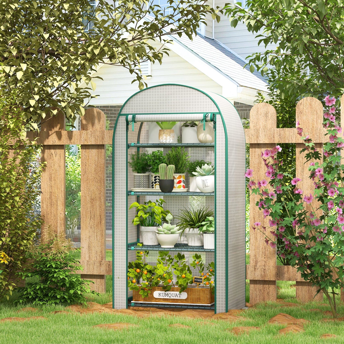 Outsunny 80 x 49 x 160cm Mini Greenhouse for Outdoor, Portable Gardening Plant Green House with Storage Shelf, Roll-Up Zippered Door, Metal Frame and PE Cover, White