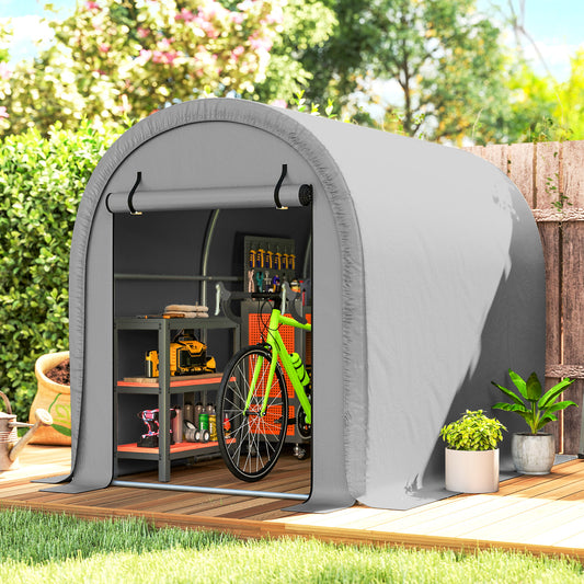 Outsunny 1.6 x 2.4m Garden Storage Shed Tent, Waterproof Bike Shed with Roll-up Zipper Door, Galvanised Metal Frame, Light Grey