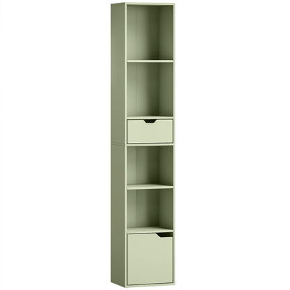 HOMCOM 6-Tier Bookcase, Tall Narrow Bookshelf with Drawer and Door - Green