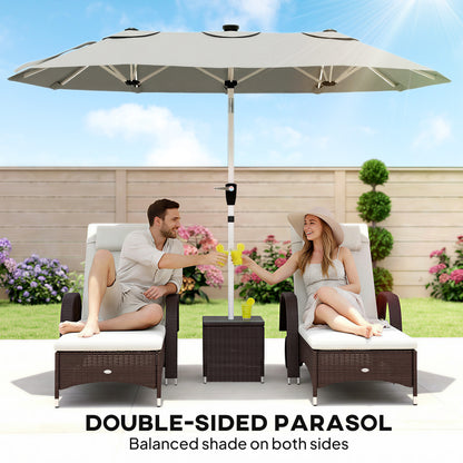 Outsunny 3 m Double-Sided Garden Parasol with LED Solar Lights, Tilt, Outdoor Extra Large Sun Umbrella with Crank Handle, Grey