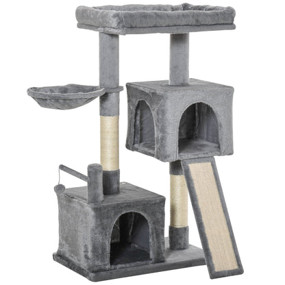 PawHut Cat Tree Tower for Indoor Cats, 111cm Kitten Activity Centre with Scratching Post Pad Hammock Condo Bed Ball Toy, Grey