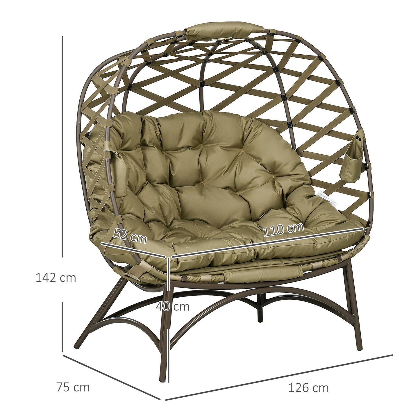 Outsunny 2 Seater Egg Chair Outdoor, Folding Weave Garden Furniture Chair with Cushion, Cup Pockets - Khaki