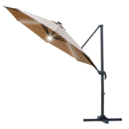 مظلة شمسية من Outsunny 3(m) Cantilever Roma Parasol Garden Sun مع قاعدة متقاطعة من ضوء الشمس LED تدور 360 درجة، بني