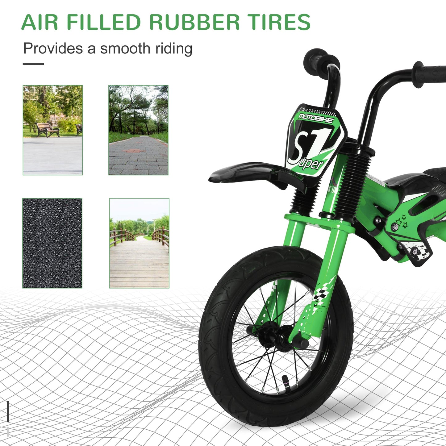 12" Kids Balance Bike, No Pedal Training Bicycle, Motorbike Look, Steel Frame with Air Filled Tire, Handlebar, PU Seat for 3-6 Years Old, Green