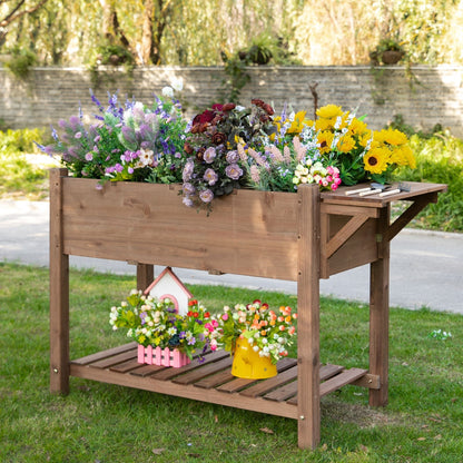 Outsunny Wooden Plant Stand Wooden Planter Raised Garden Plant Stand Outdoor Tall Flower Bed Box with Bottom Shelf, Brown, 123 x 54 x 74cm