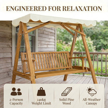 Outsunny 2 Seater Garden Swing Seat with Canopy, Wooden Swing Chair, Outdoor Hammock Bench for Balcony Patio Porch, Cream White