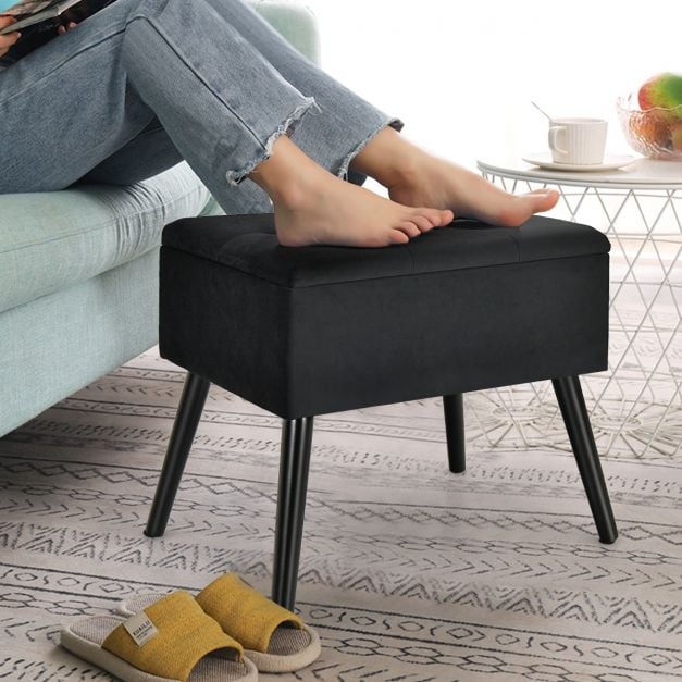Modern Upholstered Flip Top Velvet Storage Ottoman Footrest-Black