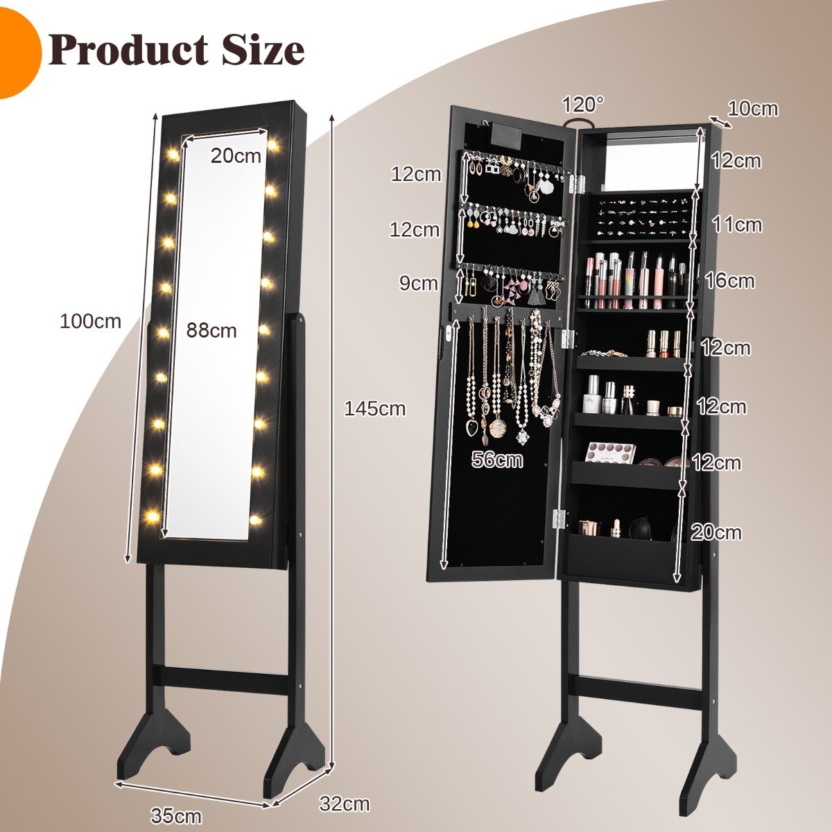 Standing Jewellery Organiser Cabinet with Adjustable Mirror 18 LEDs-Black