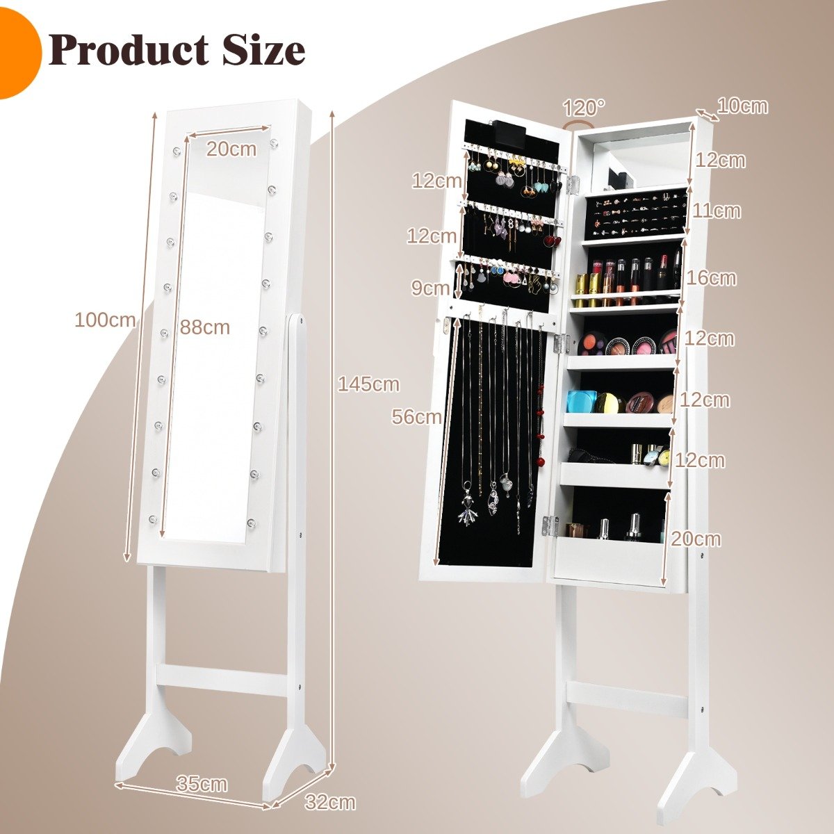 Standing Jewellery Organiser Cabinet with Adjustable Mirror 18 LEDs-White