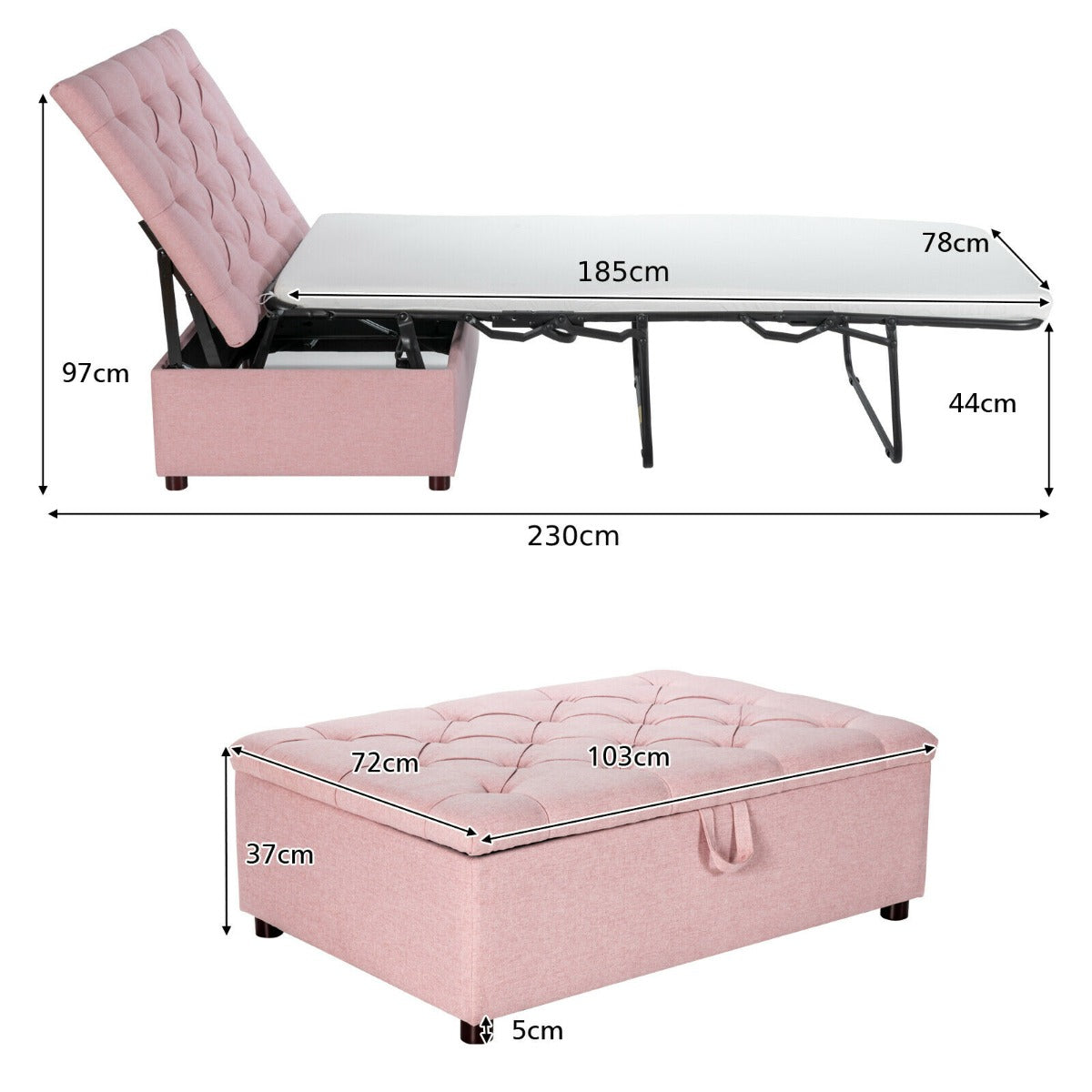 2-in-1 Convertible Sofa Bed with Mattress for Home and Office-Pink