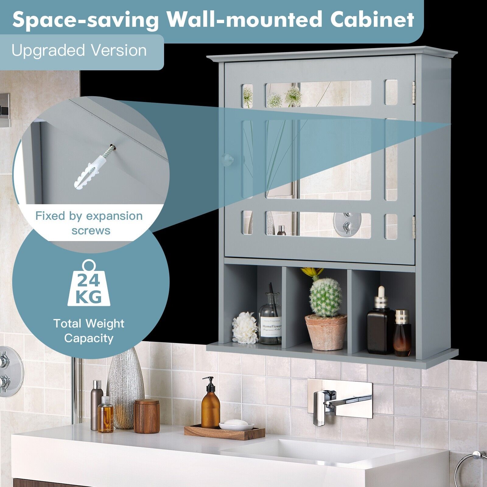 Mirror Door Cabinet with Adjustable Shelf and 3 Compartments-Grey