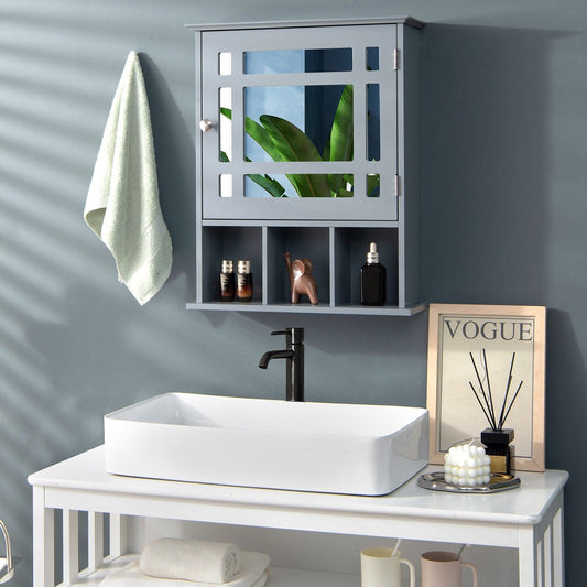 Mirror Door Cabinet with Adjustable Shelf and 3 Compartments-Grey