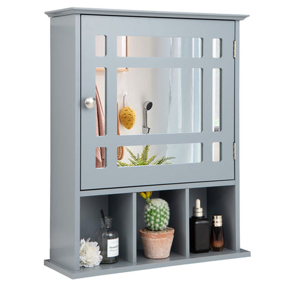 Mirror Door Cabinet with Adjustable Shelf and 3 Compartments-Grey
