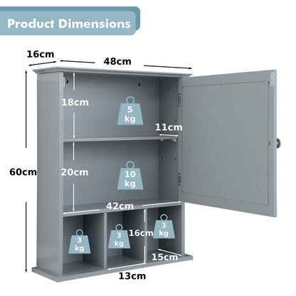 Mirror Door Cabinet with Adjustable Shelf and 3 Compartments-Grey