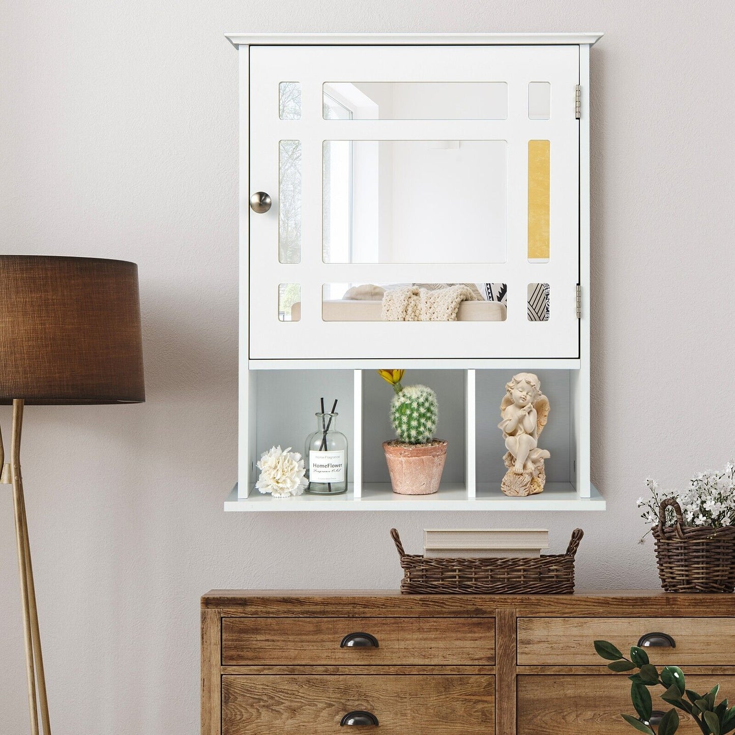Mirror Door Cabinet with Adjustable Shelf and 3 Compartments-White