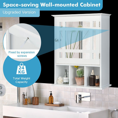 Mirror Door Cabinet with Adjustable Shelf and 3 Compartments-White