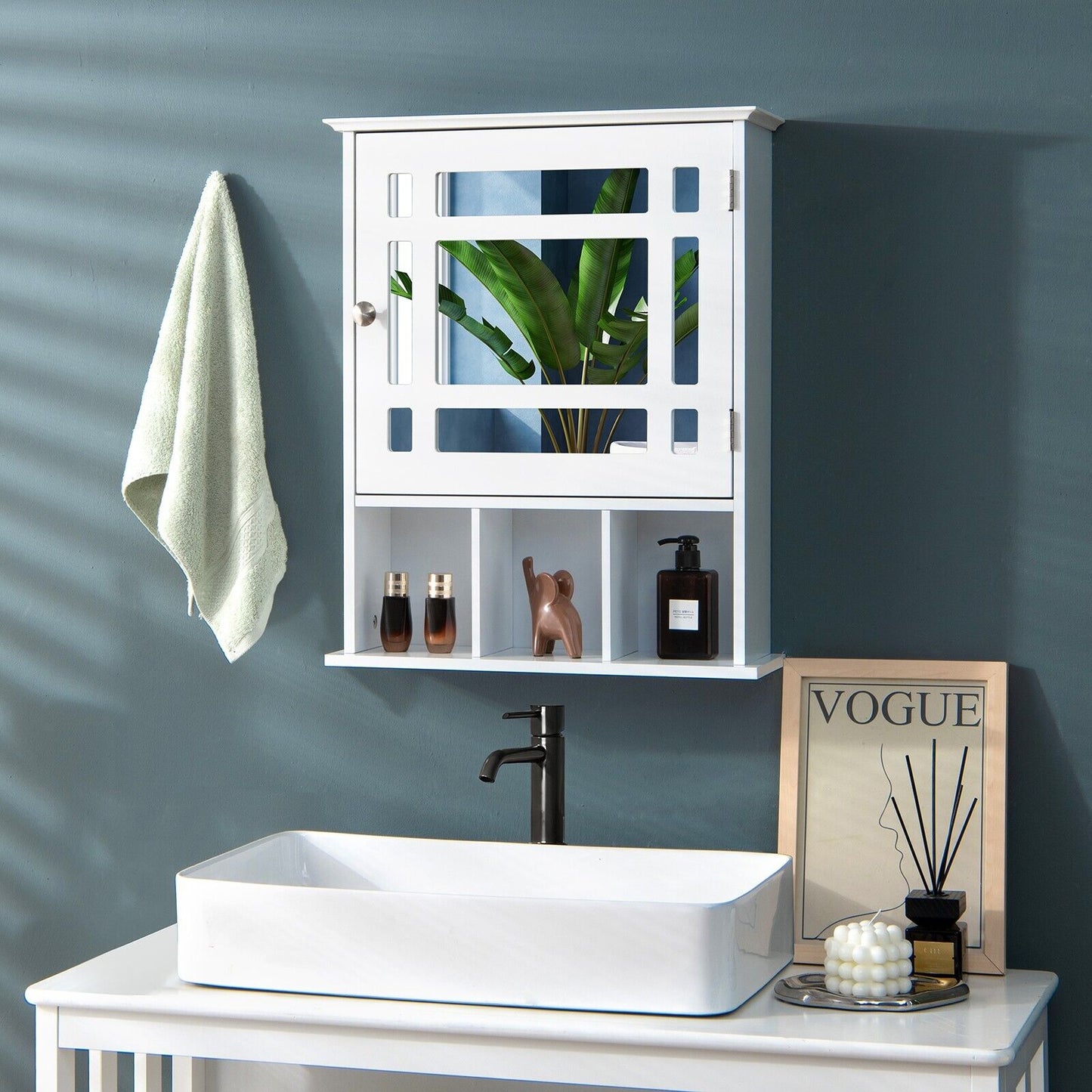 Mirror Door Cabinet with Adjustable Shelf and 3 Compartments-White