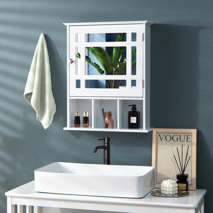 Mirror Door Cabinet with Adjustable Shelf and 3 Compartments-White