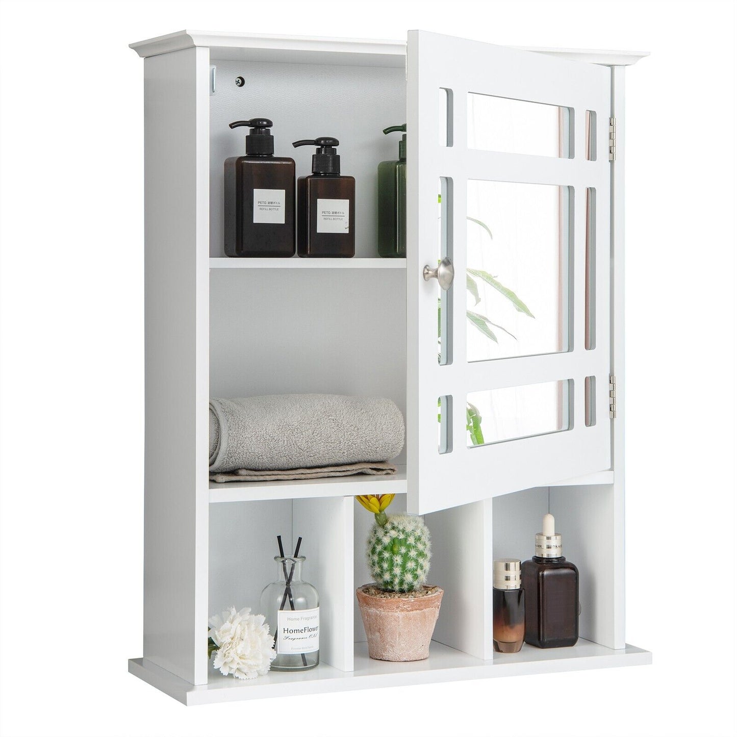 Mirror Door Cabinet with Adjustable Shelf and 3 Compartments-White