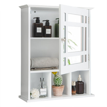 Mirror Door Cabinet with Adjustable Shelf and 3 Compartments-White
