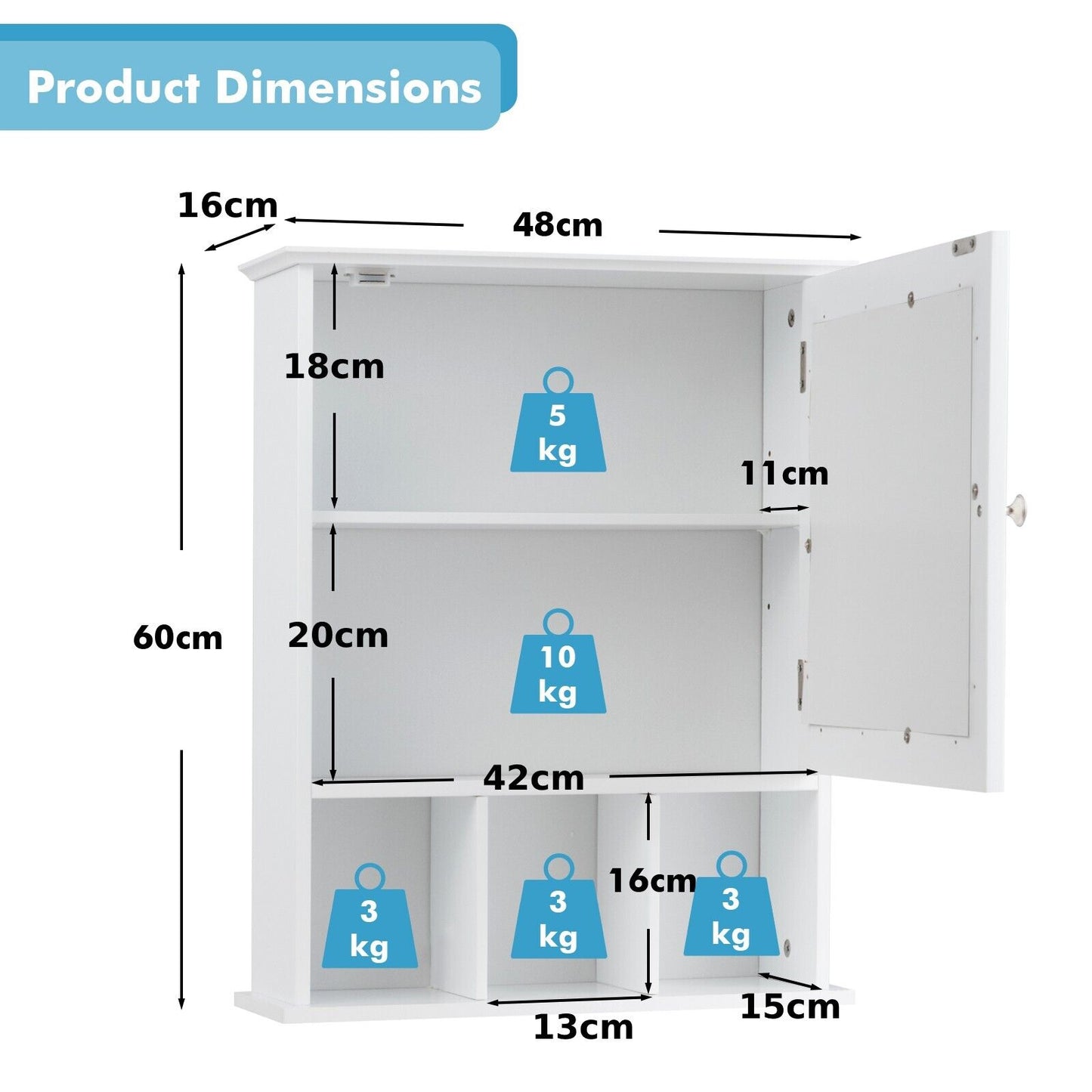 Mirror Door Cabinet with Adjustable Shelf and 3 Compartments-White